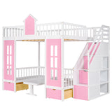 Full-Over-Full Bunk Bed with Changeable Table , Bunk Bed Turn into Upper Bed and Down Desk - Pink - Home Elegance USA