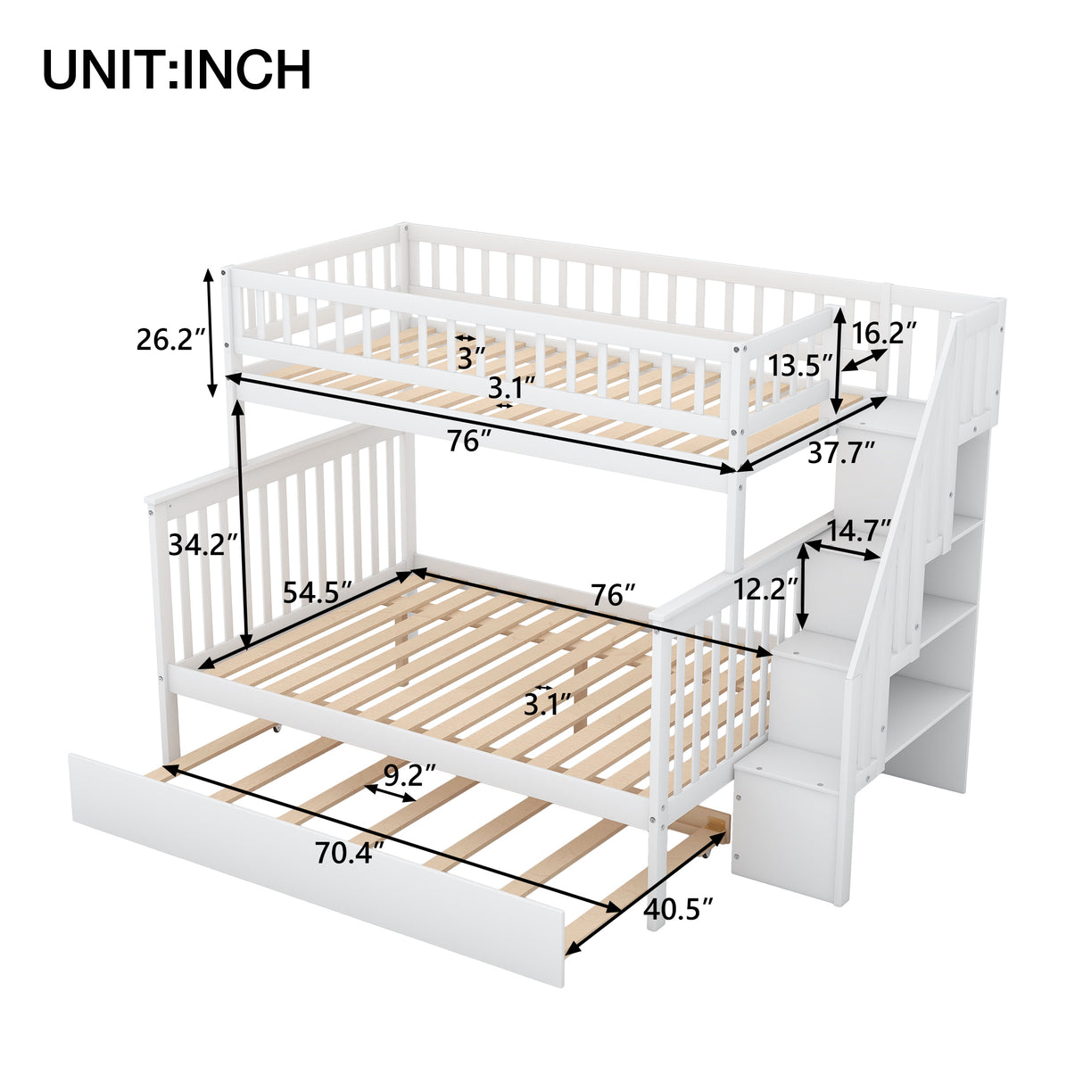 Twin over Full Bunk Bed with Trundle and Staircase,White - Home Elegance USA