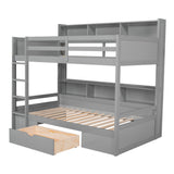 Twin Size Bunk Bed with Built-in Shelves Beside both Upper and Down Bed and Storage Drawer,Gray - Home Elegance USA