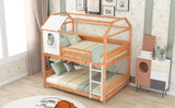 Full over Full Size House Bunk Bed with Window and Little Shelf,Full-Length Guardrail,Natural - Home Elegance USA