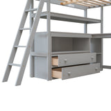 Full Size Loft Bed with Desk and Shelves,Two Built-in Drawers,Gray - Home Elegance USA