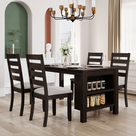 TOPMAX Farmhouse Wood 5-Piece Dining Table Set with 2-Tier Storage Shelves,Kitchen Set for 4 with Padded Dining Chairs, Espresso - Home Elegance USA