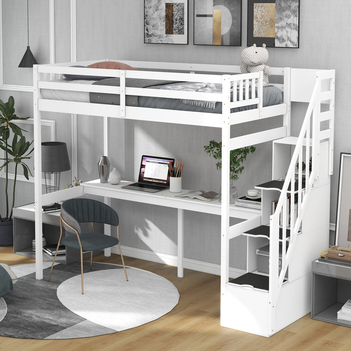 Twin Size Loft Bed with Storage Staircase and Built-in Desk, White (Old SKU:GX000903AAK) - Home Elegance USA