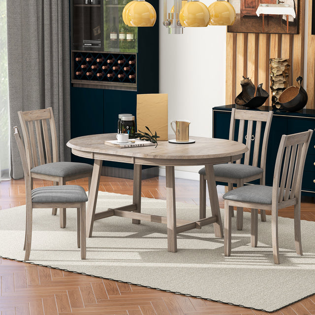 TREXM 5-Piece Wood Dining Table Set Round Extendable Dining Table with 4 Dining Chairs, Dining Room Table Set for 4 person for Dining Room (Natural Wood Wash) - Home Elegance USA