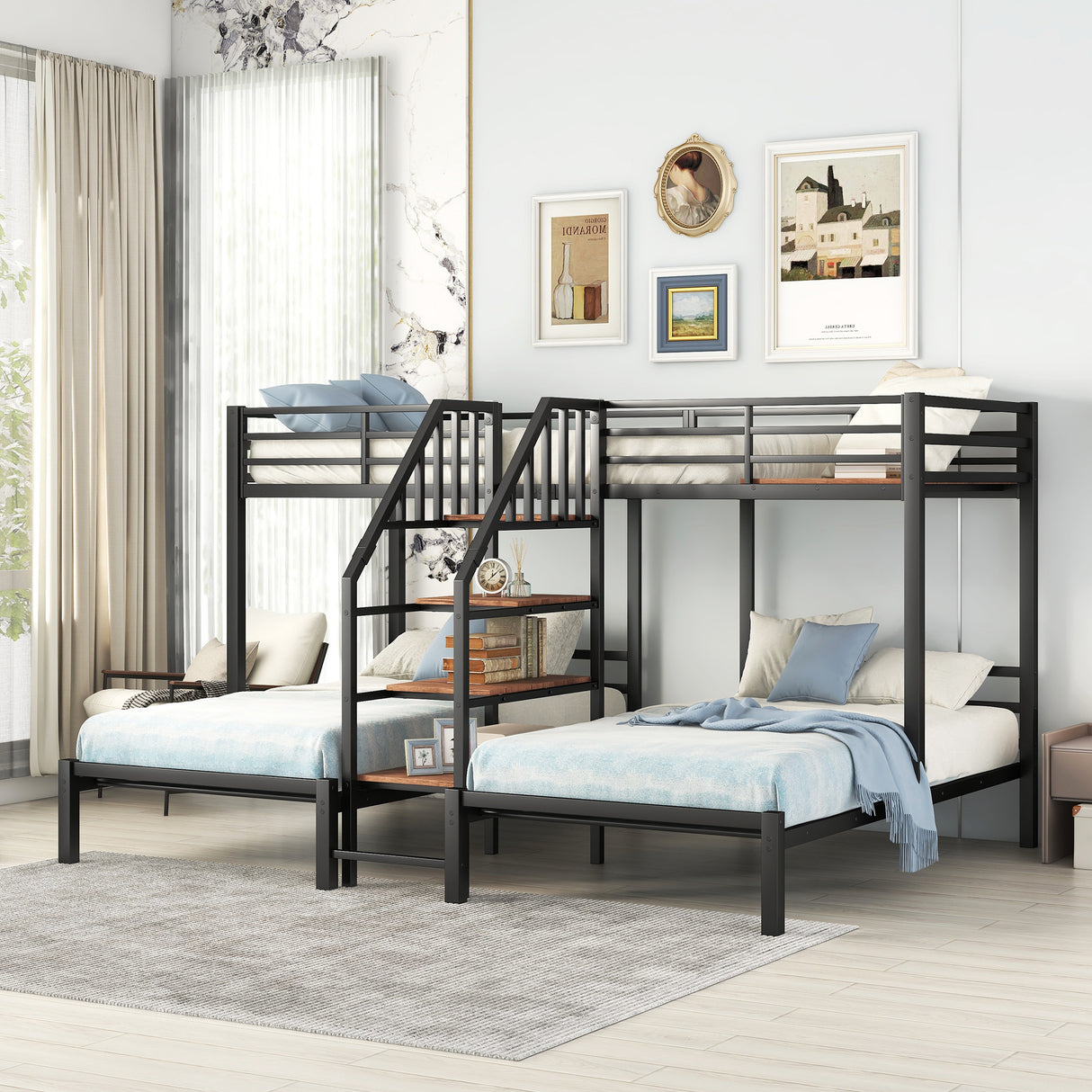 Metal Twin over Twin & Twin Bunk Bed, Triple Bunk Bed with Storage Shelves Staircase, Black - Home Elegance USA