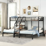 Metal Twin over Twin & Twin Bunk Bed, Triple Bunk Bed with Storage Shelves Staircase, Black - Home Elegance USA