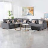 Nolan Gray Linen Fabric 7Pc Reversible Chaise Sectional Sofa with a USB, Charging Ports, Cupholders, Storage Console Table and Pillows and Interchangeable Legs - Home Elegance USA