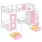 Twin-Over-Twin Bunk Bed with Changeable Table , Bunk Bed  Turn into Upper Bed and Down Desk with 2 Drawers - Pink - Home Elegance USA