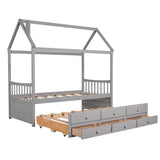 Twin size Wooden House Bed with Trundle and 3 Storage Drawers-Gray - Home Elegance USA