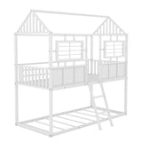 Twin over Twin Size Metal Low Bunk Beds with Roof and Fence-shaped Guardrail, White - Home Elegance USA