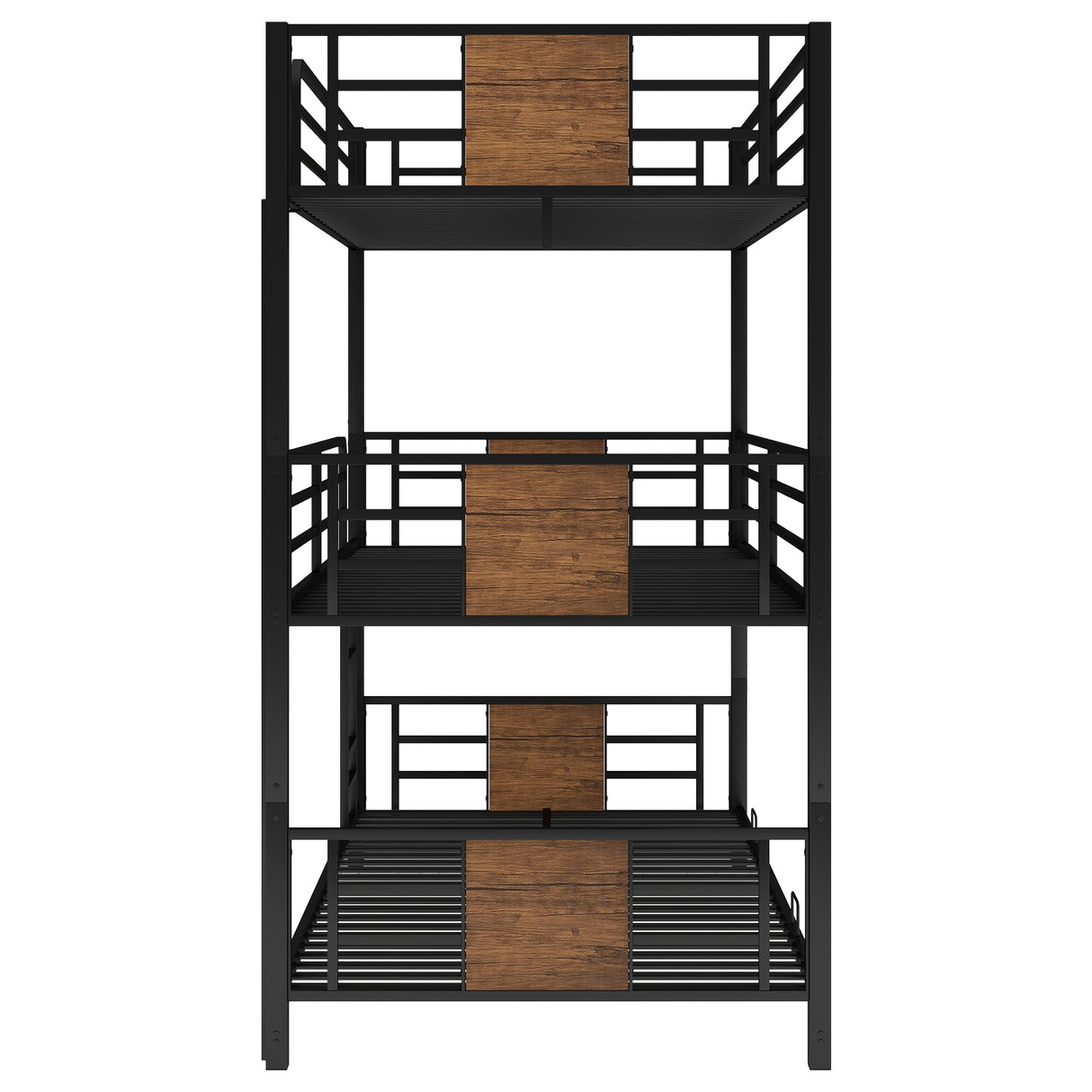 Twin Size Triple Metal Bunk Bed, with Wood Decoration Headboard and Footboard, Brown - Home Elegance USA