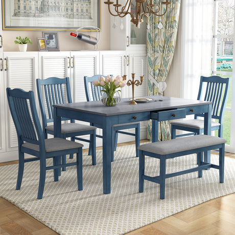 TOPMAX Mid-Century 6-Piece Wood Dining Table Set, Kitchen Table Set with Drawer, Upholstered Chairs and Bench, Antique Blue - Home Elegance USA