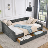 Queen Size Daybed with Drawers Upholstered Tufted Sofa Bed,,with Button on Back and Copper Nail on Waved Shape Arms, Grey (84.5"x63.5"x26.5") Home Elegance USA