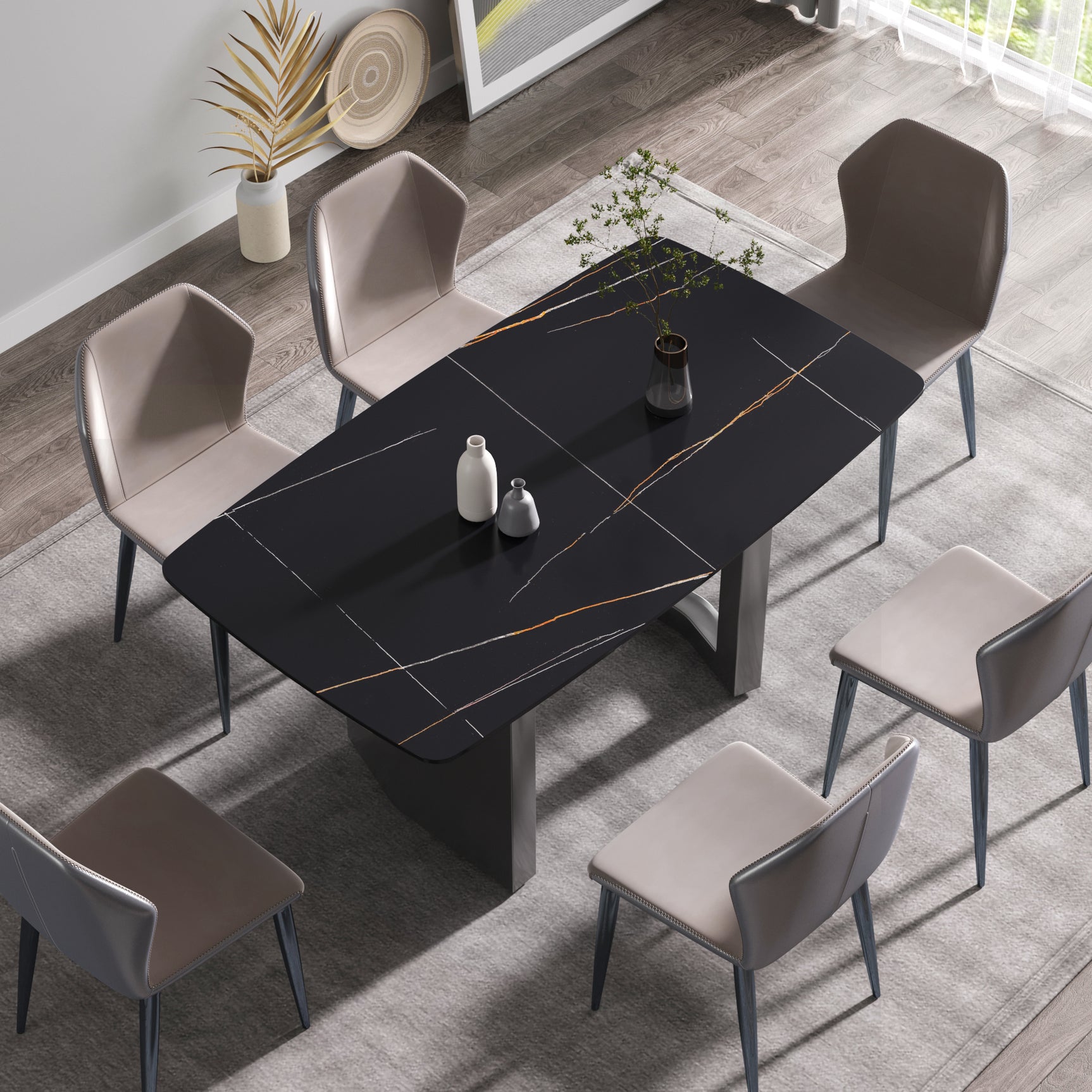 63"Modern artificial stone black curved black metal leg dining table - 6 people - W1535S00161 - image - 2