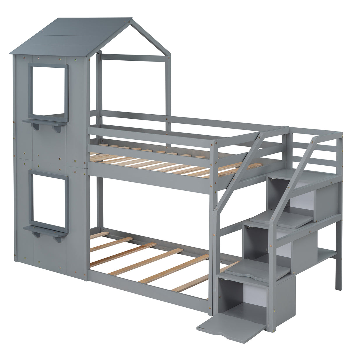 Twin Over Twin Bunk Bed with Storage Stairs,Wood Bed with Roof, Window, Guardrail, Ladder，Gray