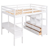 Full Size Loft Bed with Built-in Desk with Two Drawers, and Storage Shelves and Drawers,White - Home Elegance USA