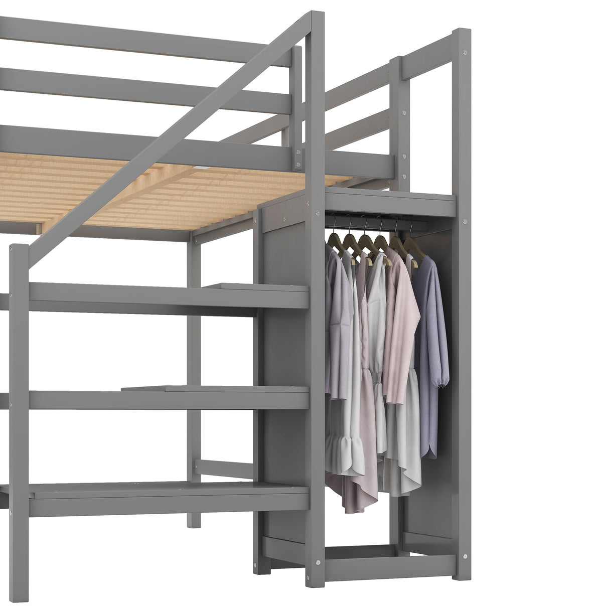 Full Size Loft Bed with Built-in Storage Wardrobe and Staircase,Gray - Home Elegance USA