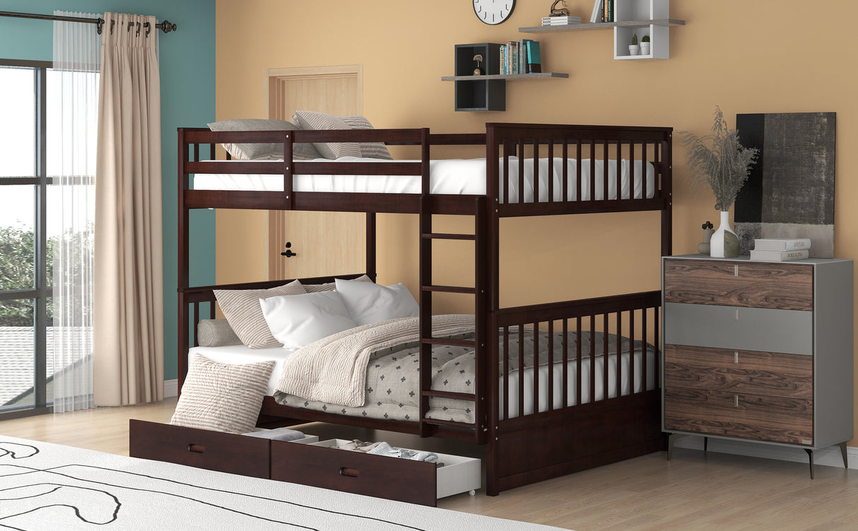 Full-Over-Full Bunk Bed with Ladders and Two Storage Drawers (Espresso) - Home Elegance USA