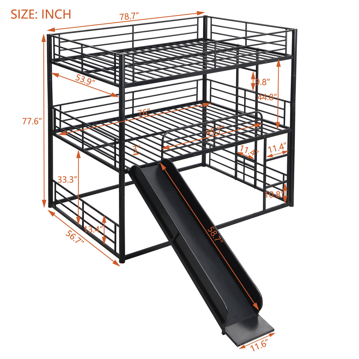 Full Size Metal Bunk Bed with Ladders and Slide, Divided into One Platform and Loft Bed, Black - Home Elegance USA