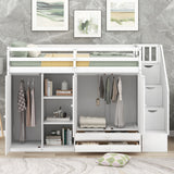 Functional Loft Bed with 3 Shelves, 2 Wardrobes and 2 Drawers,  Ladder with Storage, No Box Spring Needed, White - Home Elegance USA