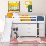 Low Twin Size Loft Bed with Cabinets, Shelves and Slide - White(OLD SKU :LP000503AAK)