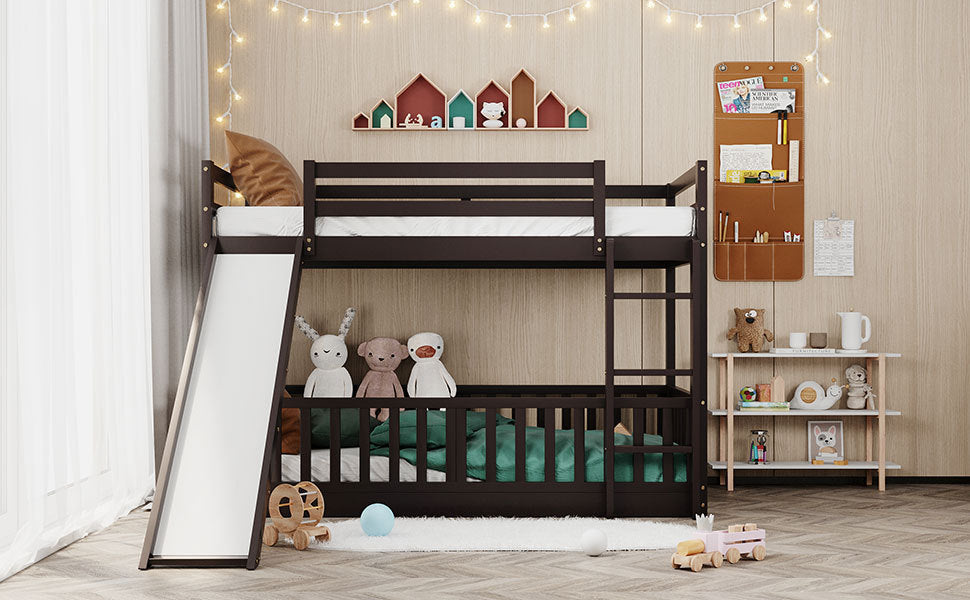 Twin Over Twin Bunk Bed with Slide and Ladder, Espresso（Old SKU:LP000009AAP） - Home Elegance USA