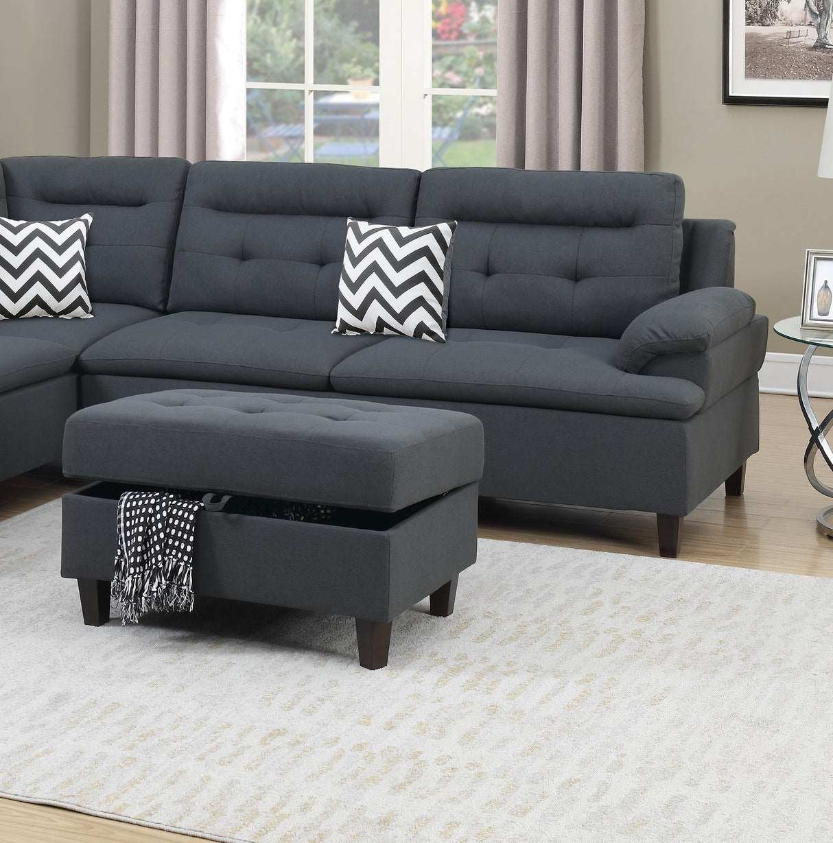 Living Room Furniture Charcoal Cushion Sectional w Ottoman Linen Like Fabric Sofa Chaise - Home Elegance USA