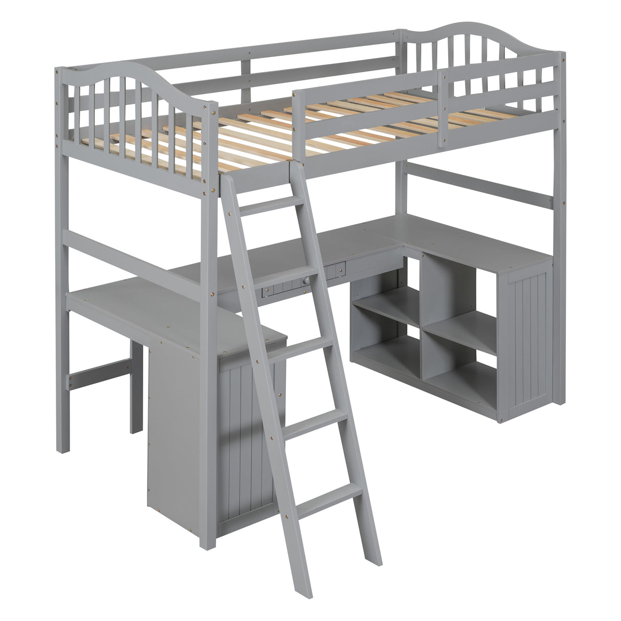 Twin size Loft Bed with Drawers, Cabinet, Shelves and Desk, Wooden Loft Bed with Desk - Gray(OLD SKU :LT000505AAE) - Home Elegance USA