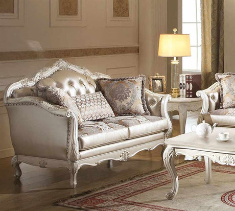 Acme Furniture - Chantelle Loveseat with 3 Pillows, Rose Gold PU-Fabric & Pearl White - 53541