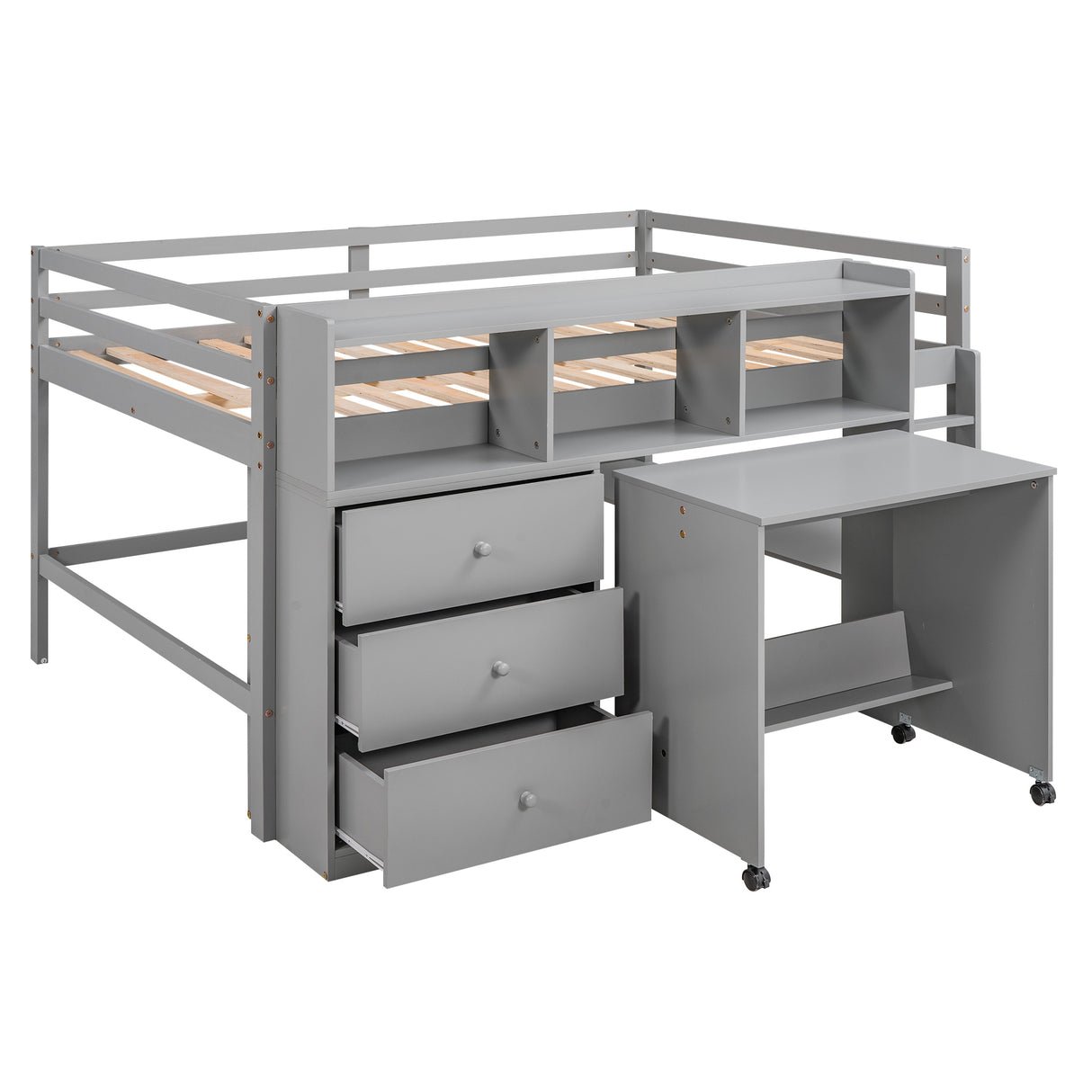 Full Size Low Loft Bed with Rolling Portable Desk, Drawers and Shelves,  Gray - Home Elegance USA