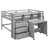 Full Size Low Loft Bed with Rolling Portable Desk, Drawers and Shelves,  Gray - Home Elegance USA