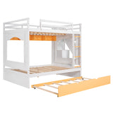 Full Over Full Bunk Bed with Trundle ,Stairs,Ladders Solid Wood Bunk bed with Storage Cabinet （White + Yellow） - Home Elegance USA