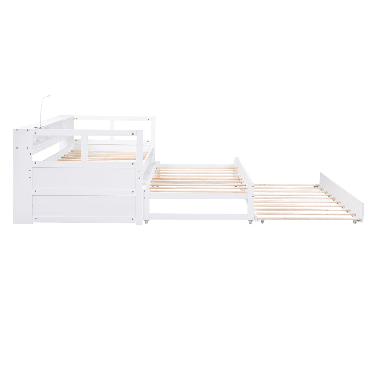 Twin XL Wood Daybed with 2 Trundles, 3 Storage Cubbies, 1 Light for Free and USB Charging Design, White - Home Elegance USA