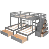 Full Over Twin & Twin Bunk Bed, Wood Triple Bunk Bed with Drawers and Guardrails (Gray) Home Elegance USA