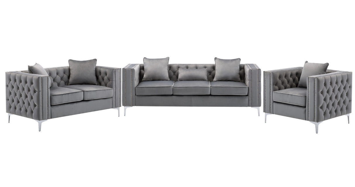 Lorreto Gray Velvet Fabric Sofa Loveseat Chair Living Room Set Home Elegance USA