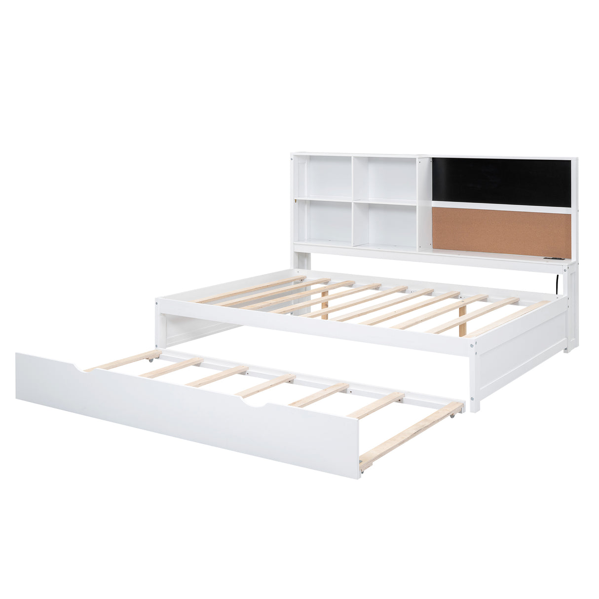 Full Size Daybed with Storage Shelves, Blackboard, Cork board, USB Ports and Twin Size Trundle, White(Expected Arrival Time: 8.2) - Home Elegance USA