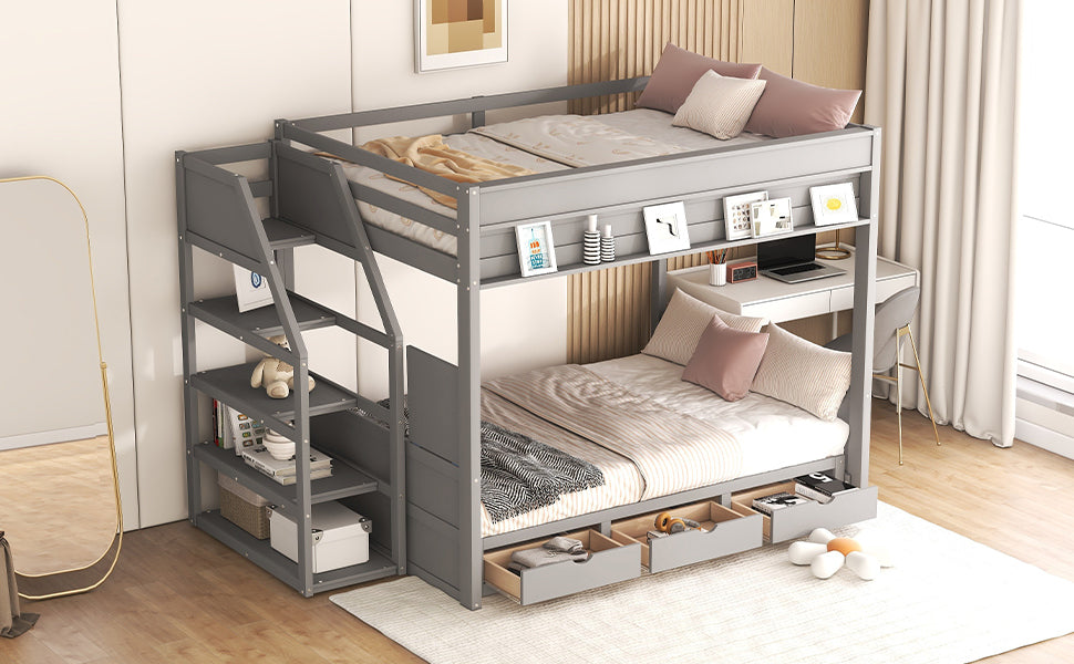 Wood Full Size Convertible Bunk Bed with Storage Staircase, Bedside Table, and 3 Drawers, Gray - Home Elegance USA