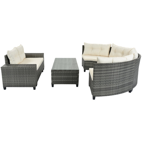 GO 8-pieces Outdoor Wicker Round Sofa Set, Half-Moon Sectional Sets All Weather, Curved Sofa Set With Rectangular Coffee Table, PE Rattan Water-resistant and UV Protected, Movable Cushion, Beige - Home Elegance USA