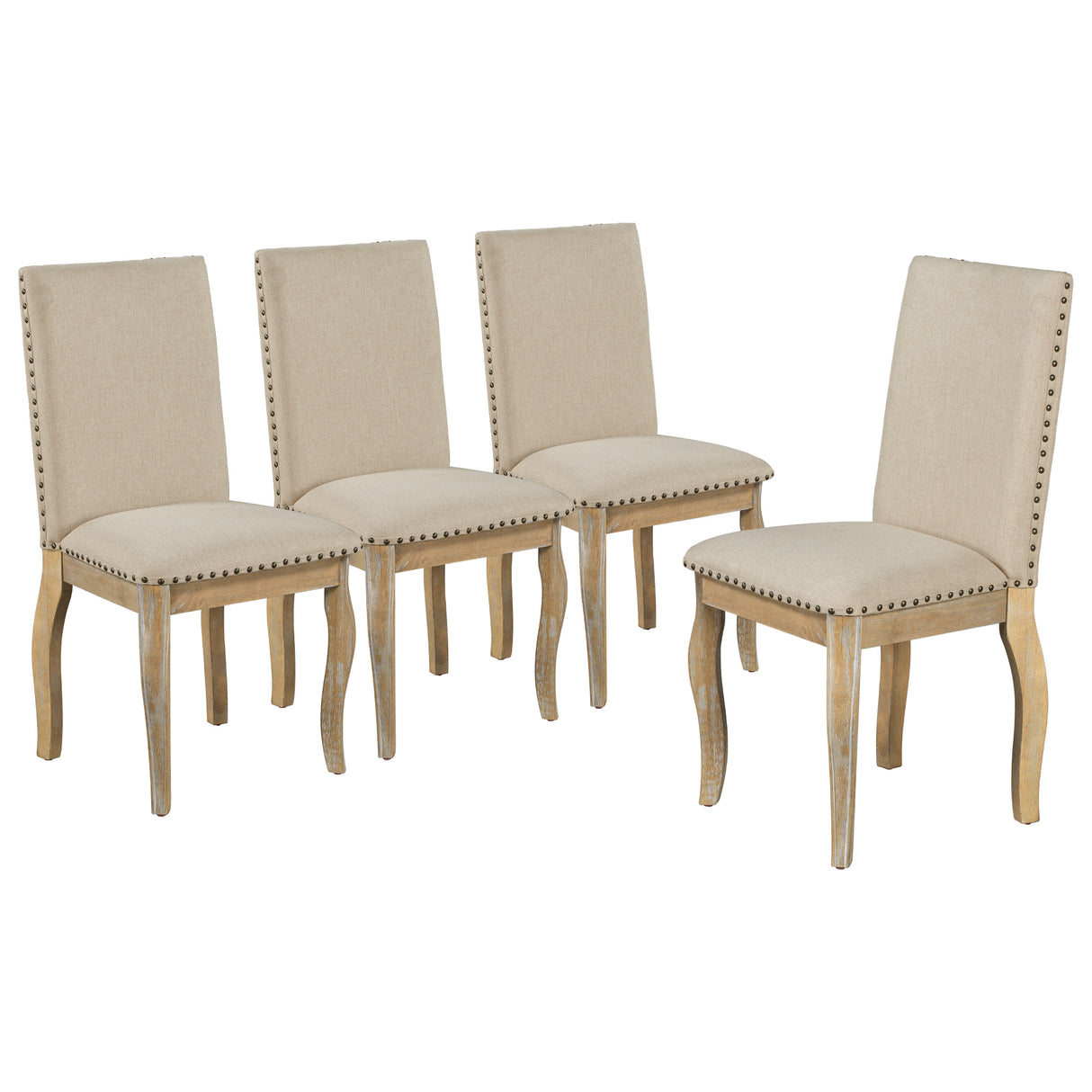 TREXM Set of 4 Dining chairs Wood Upholstered Fabirc Dining Room Chairs with Nailhead (Natural Wood Wash) - Home Elegance USA
