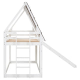 Wood Twin Size House Bunk Bed with Roof, Ladder and Slide, White+Brown