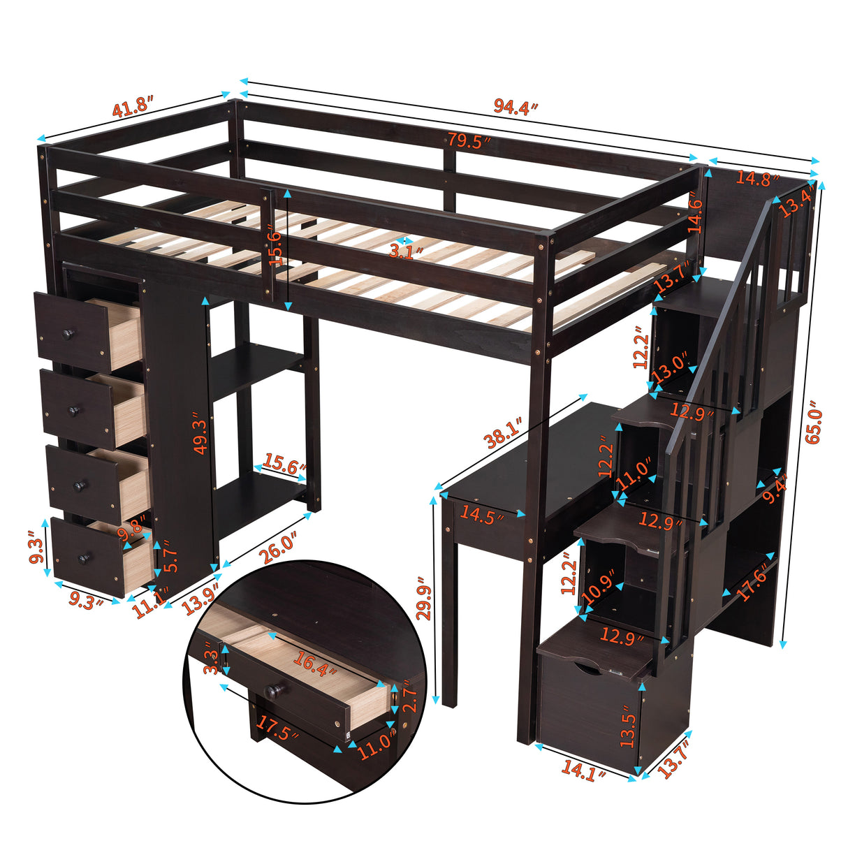 Twin size Loft Bed with Storage Drawers ,Desk and Stairs, Wooden Loft Bed with Shelves - Espresso - Home Elegance USA