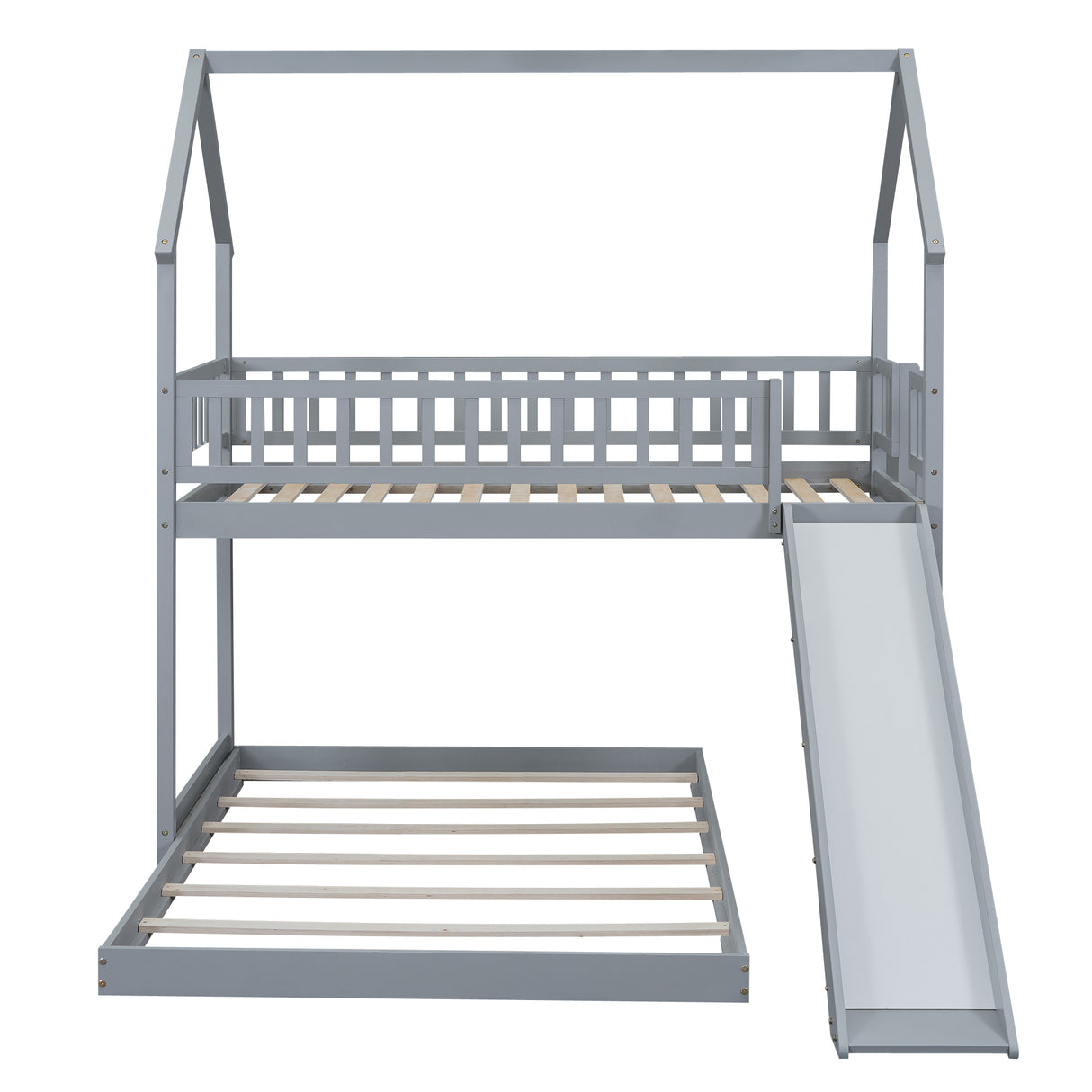 Twin over Full House Bunk Bed with Slide and Built-in Ladder, Full-Length Guardrail, Gray (Expected Arrival Time:8.10) - Home Elegance USA