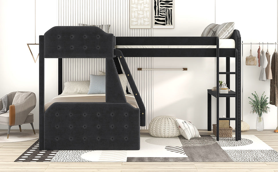 L-Shaped Twin over Full Bunk Bed and Twin Sie Loft Bed with Desk,Black - Home Elegance USA