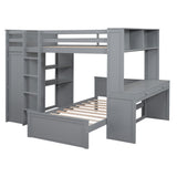 Full size Loft Bed with a twin size Stand-alone bed, Shelves,Desk,and Wardrobe-Gray - Home Elegance USA