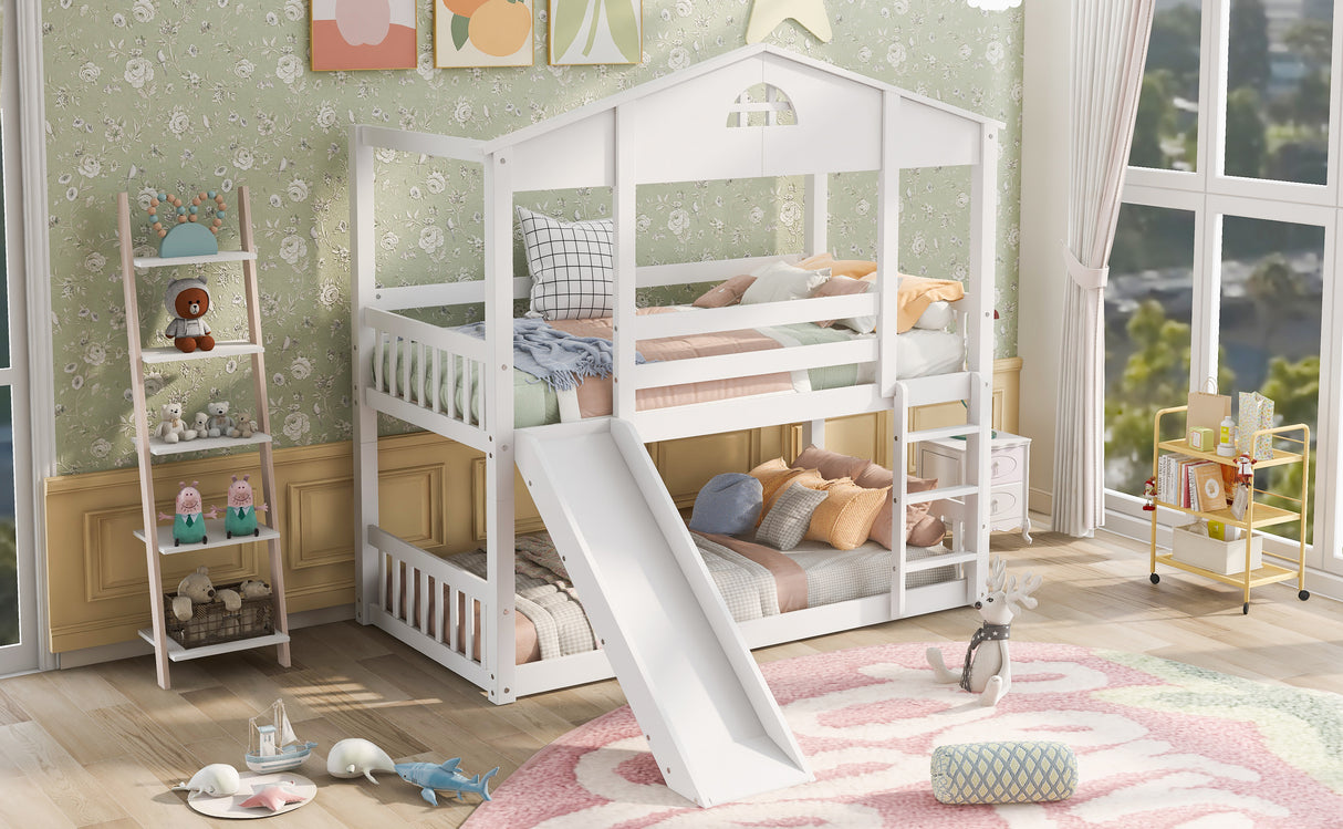 Twin over Twin House Bunk Bed with Convertible Slide and Ladder,Converts into 2 Separate Platform Beds,White - Home Elegance USA