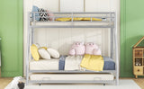 Twin over Full Bed with Sturdy Steel Frame, Bunk Bed with Twin Size Trundle, Two-Side Ladders, Silver