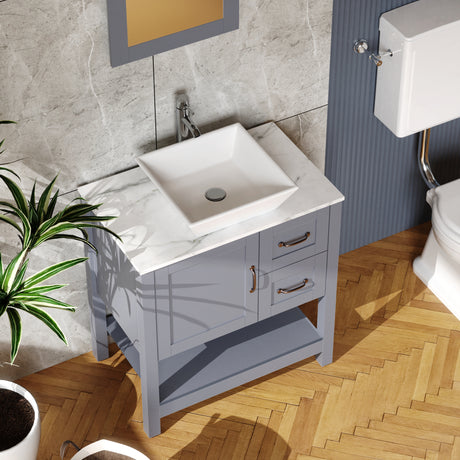 30” Gray Bathroom Vanity and Sink Combo Marble Pattern Top w/Mirror Faucet&Drain - W1223S00002 - image - 4