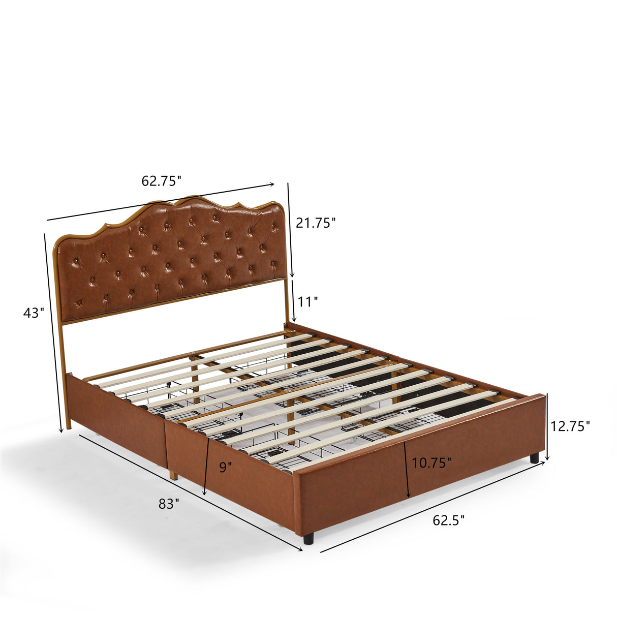 Coffee, Queen-size bed. Classic buckle backrest, metal frame, solid wood ribs, with four storage drawers, sponge soft bag, comfortable and elegant atmosphere. - Home Elegance USA
