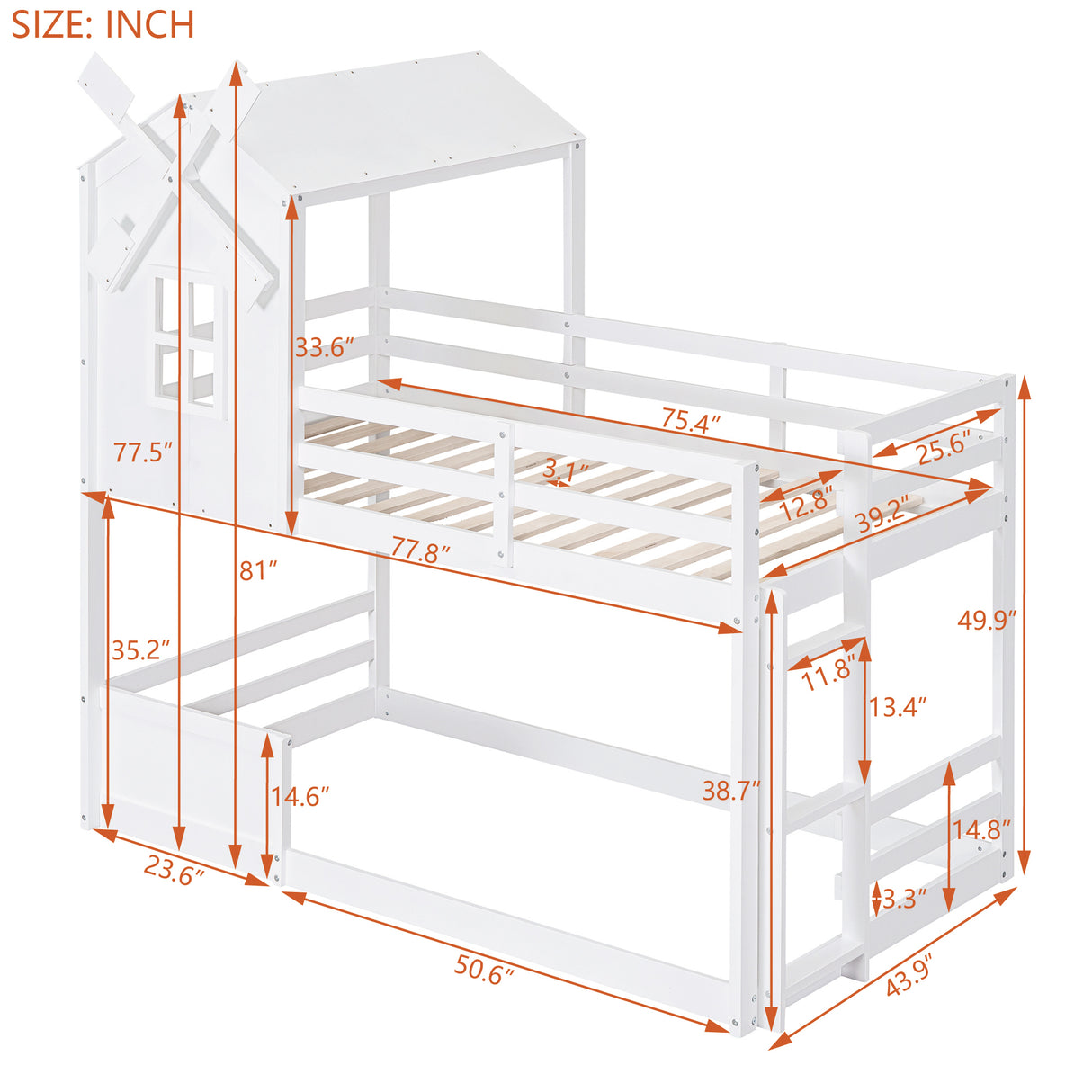 Twin over Twin Bunk Bed with Roof and Window, with Guardrails and Ladder, White - Home Elegance USA