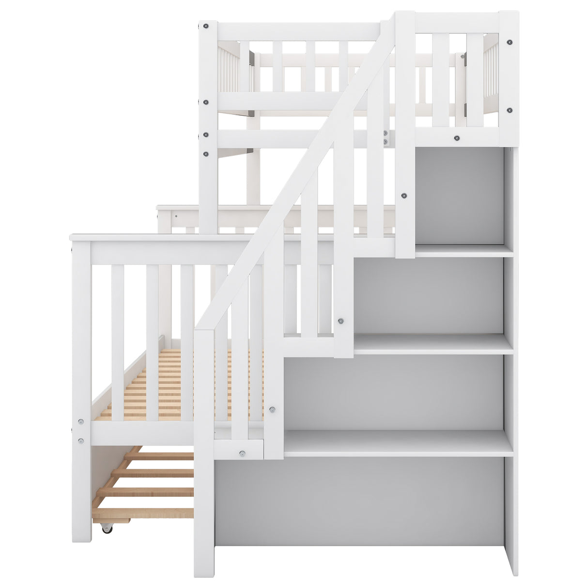 Twin over Full Bunk Bed with Trundle and Staircase,White - Home Elegance USA